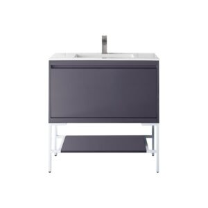 James Martin 801V35.4MGGGWGW Milan 35.4 Inch Single Vanity Cabinet in Modern Grey Glossy and Glossy White with Glossy White Composite Top