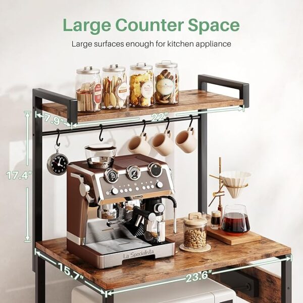 RetailHuntUSA Standing Baker's Rack Coffee Bar Table - 4 Tiers Kitchen Microwave Stand with 6 Hooks, Kitchen Storage Shelves Rack