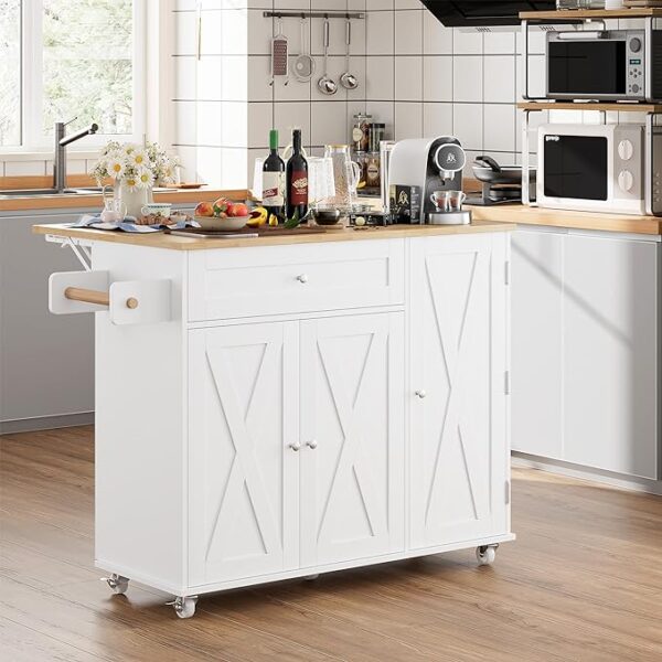 RetailHuntUSA Kitchen Island with Storage, Island Table on Wheels with Drop Leaf, Spice Rack, Drawer, Towel Rack, Rolling Kitchen Island Cart for Dinning Room, White 15.7-27.55" D x 47.63" W x 35.43" H