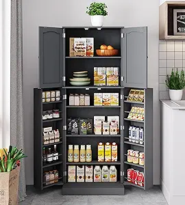 RetailHuntUSA Tall Kitchen Pantry Storage Cabinet with Doors and Shelves, Wooden Food Pantry Farmhouse Cupboard Freestanding Buffet for Kitchen