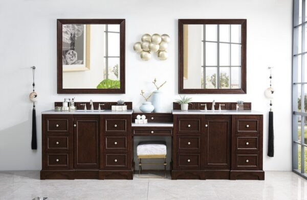 James Martin 825-V118-BNM-DU-AF De Soto 118 Inch Double Vanity Set in Burnished Mahogany with Makeup Table with 3 cm Arctic Fall Solid Surface Top