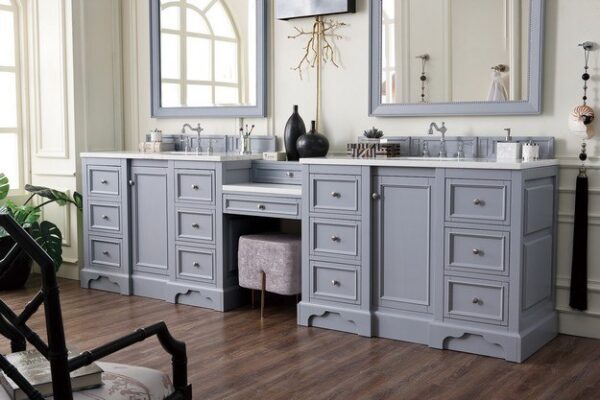 James Martin 825-V118-SL-DU-CAR De Soto 118 Inch Double Vanity Set in Silver Gray with Makeup Table with 3 cm Carrara Marble Top