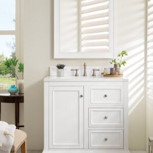 James Martin 825-V36-BW-3CAR De Soto 37 Inch Single Vanity in Bright White with 3 cm Carrara Marble Top