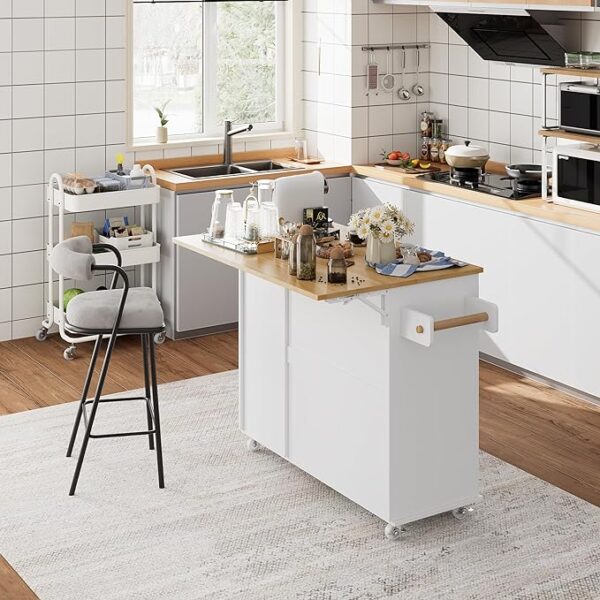 RetailHuntUSA Kitchen Island with Storage, Island Table on Wheels with Drop Leaf, Spice Rack, Drawer, Towel Rack, Rolling Kitchen Island Cart for Dinning Room, White 15.7-27.55" D x 47.63" W x 35.43" H