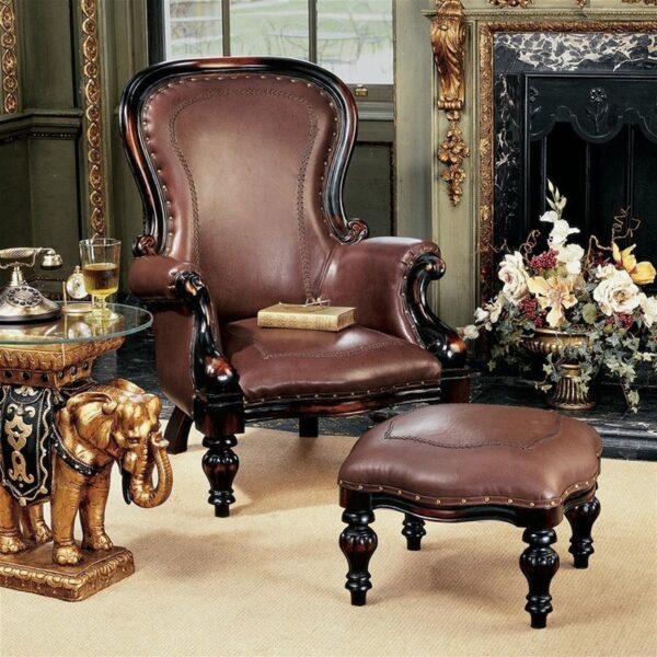 Design Toscano AF791123 Set of Rococo Faux Leather Chair and Ottoman