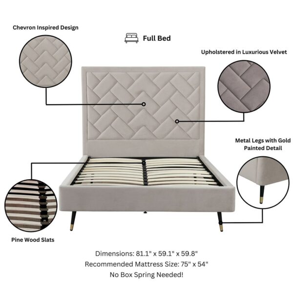 Manhattan Comfort Crosby Modern Full- Size Upholstered Velvet Bedframe and Headboard in Greige