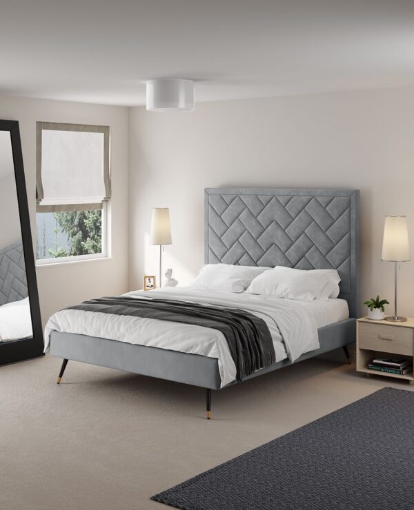 Manhattan Comfort Crosby Modern Queen-Size Upholstered Velvet Bedframe and Headboard in Grey