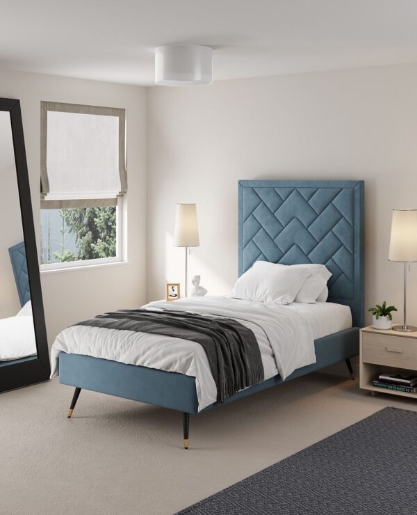 Manhattan Comfort Crosby Modern Twin-Size Upholstered Velvet Bedframe and Headboard in Blue
