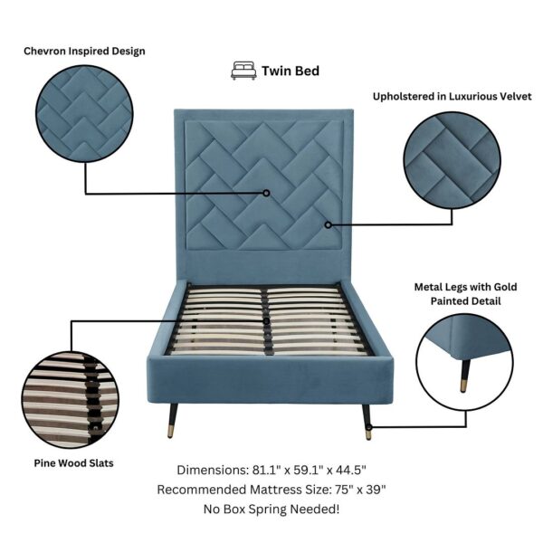 Manhattan Comfort Crosby Modern Twin-Size Upholstered Velvet Bedframe and Headboard in Blue