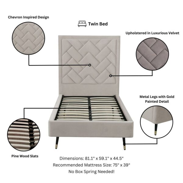 Manhattan Comfort Crosby Modern Twin-Size Upholstered Velvet Bedframe and Headboard in Greige