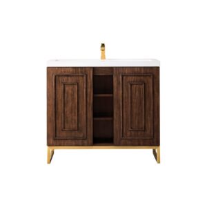 James Martin E110V39.5MCARGDWG Alicante' 39.5 Inch Single Vanity Cabinet in Mid Century Acacia and Radiant Gold with White Glossy Composite Countertop