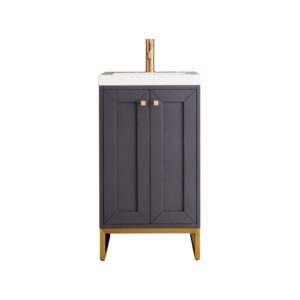 James Martin E303V20MGRGDWG Chianti 20 Inch Single Vanity Cabinet in Mineral Grey and Radiant Gold with White Glossy Composite Countertop