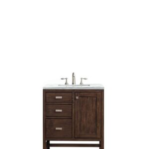 James Martin E444-V30-MCA-3AF Addison 30 Inch Single Vanity Cabinet in Mid Century Acacia with 3 cm Arctic Fall Solid Surface Countertop with Sink