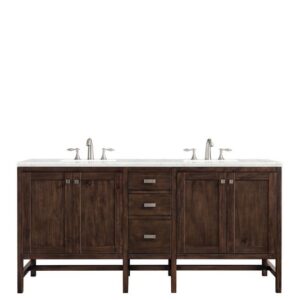 James Martin E444-V72-MCA-3EJP Addison 72 Inch Double Vanity Cabinet in Mid Century Acacia with 3 cm Eternal Jasmine Pearl Quartz Top with Sink