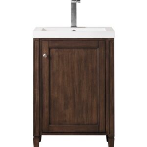 James Martin E652V24MCAWG Britannia 23 5/8 Inch Single Vanity Cabinet with White Glossy Composite Countertop - Mid Century Acacia