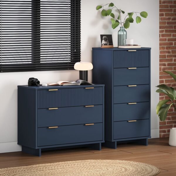 Manhattan Comfort 2-Piece Granville Modern Solid Wood Tall Narrow and Standard Dresser Set in Midnight Blue