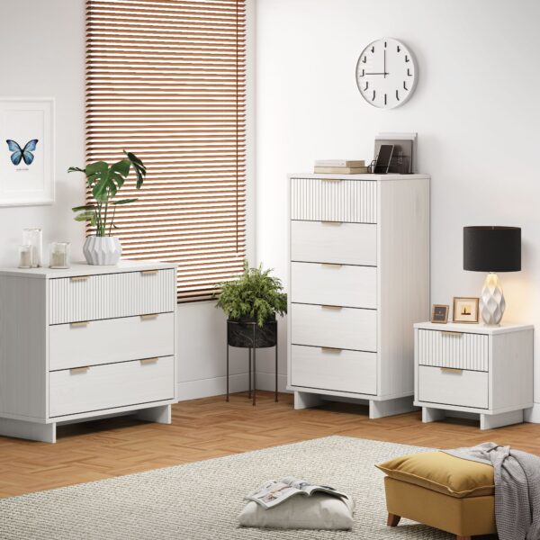 Manhattan Comfort 3-Piece Granville Modern Solid Wood Standard Dresser, Tall Narrow Chest and Nightstand Set in White