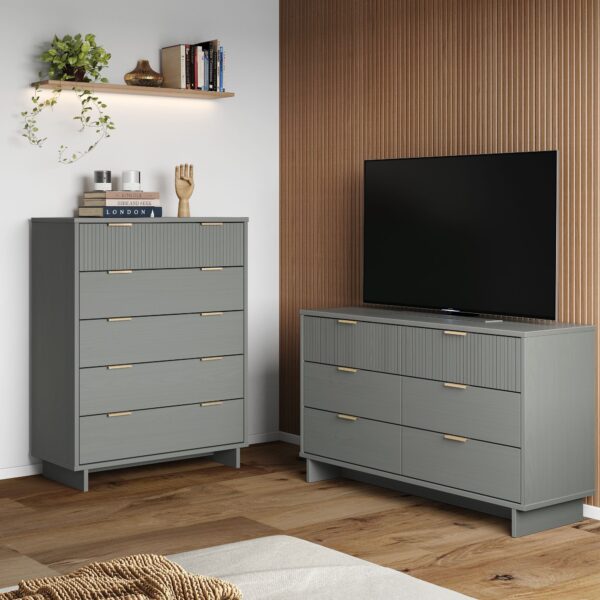 Manhattan Comfort 2-Piece Granville Modern Solid Wood Tall Chest and Double Dresser Set in Light Grey