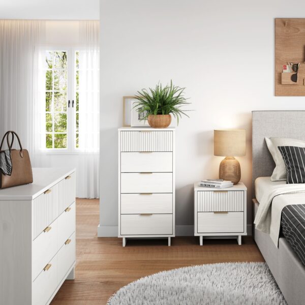 Manhattan Comfort 3-Piece Granville Modern Solid Wood Tall Narrow Chest, Double Dresser, and Nightstand Set in White