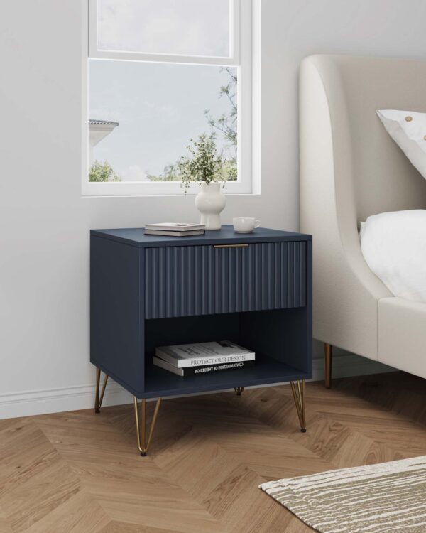 Manhattan Comfort DUMBO 1.0 Modern Nightstand with 1 Drawer and Metal Feet in Midnight Blue