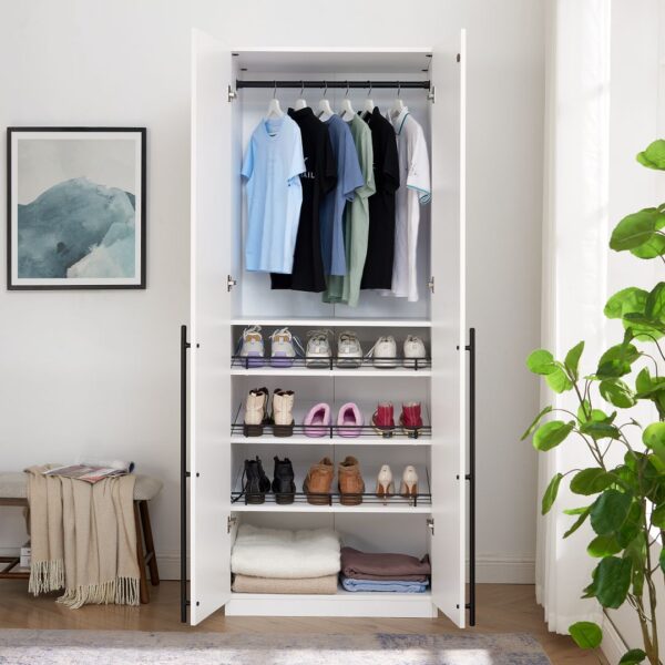 Manhattan Comfort Lee Modern Freestanding Wardrobe Closet 3.0 with 1 Hanging Rod, 3 Shoe Shelves, and 1 Basic Shelf in White