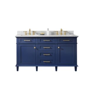 Legion Furniture WLF2260D-B 60 Inch Blue Finish Double Sink Vanity Cabinet with Carrara White Top